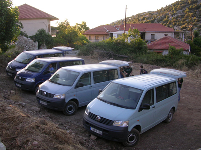 45 am packing up the four vans with the equipment for the day.  The trip from Ano Karyes to the lower sanctuary takes about 10 minutes by car and to the upper site takes about 20 minutes.